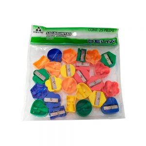 SACAPUNTAS DE PLASTICO BARRILITO DELTA SKD25 PAQUETE CON 25 PIEZAS VARIOS COLORES ESCOLAR