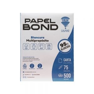 HOJA DE PAPEL BOND DIEM PAQUETE 500 PIEZAS TAMAÑO CARTA 95% BLANCURA 57X87 CENTIMETROS 75 GRAMOS